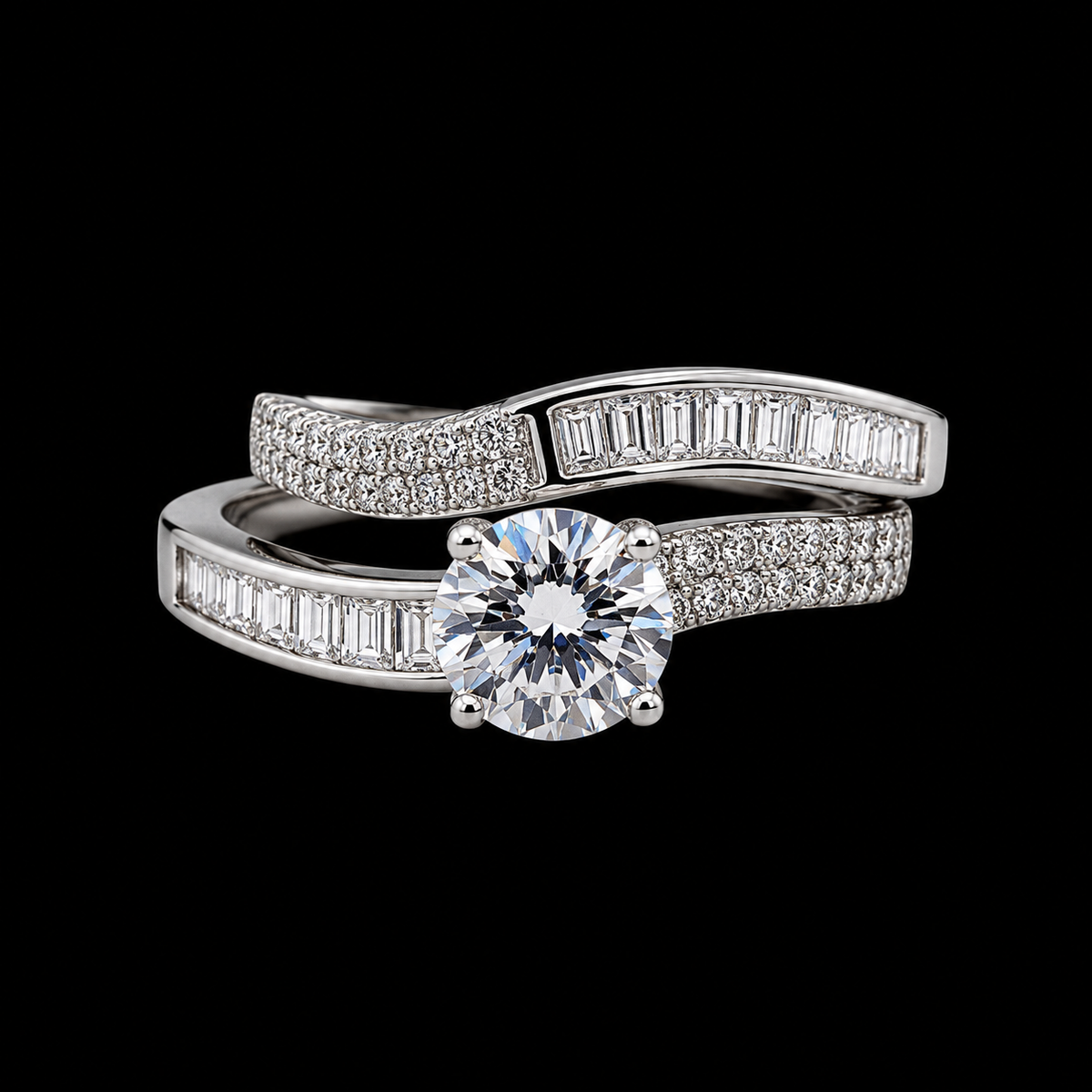 Overlapping Solitaire Silver Ring set