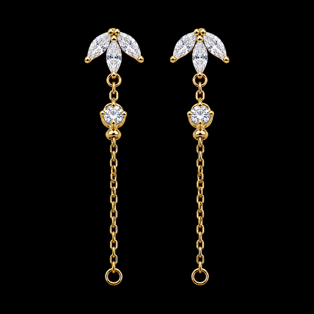 Elegant Silver Marquise Leaf Studs with Delicate Dangle Chain Accents