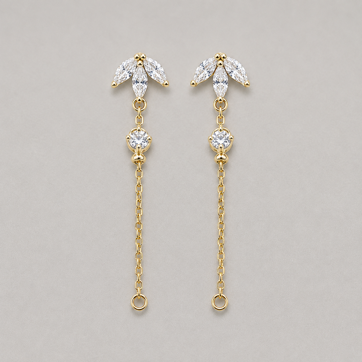 Elegant Silver Marquise Leaf Studs with Delicate Dangle Chain Accents