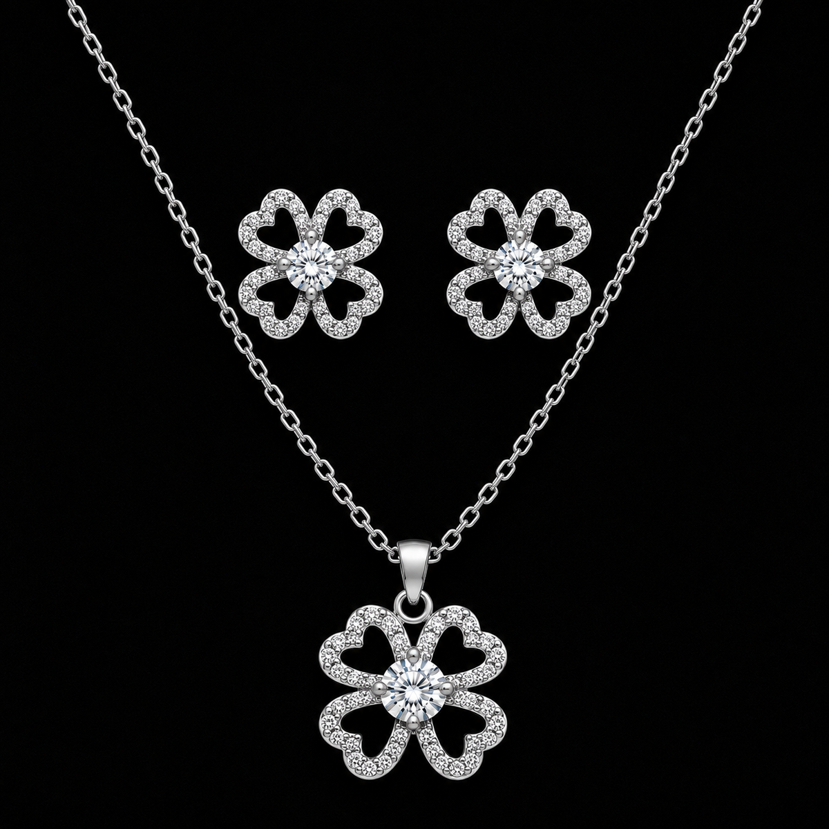 Silver Four-Leaf Clover Jewelry Set