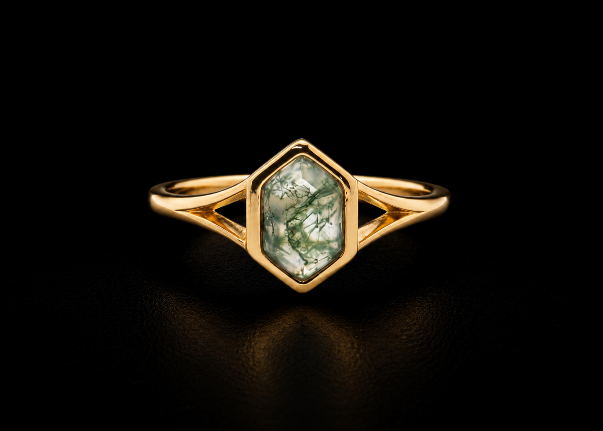 Hexagon Moss Agate Gold Ring