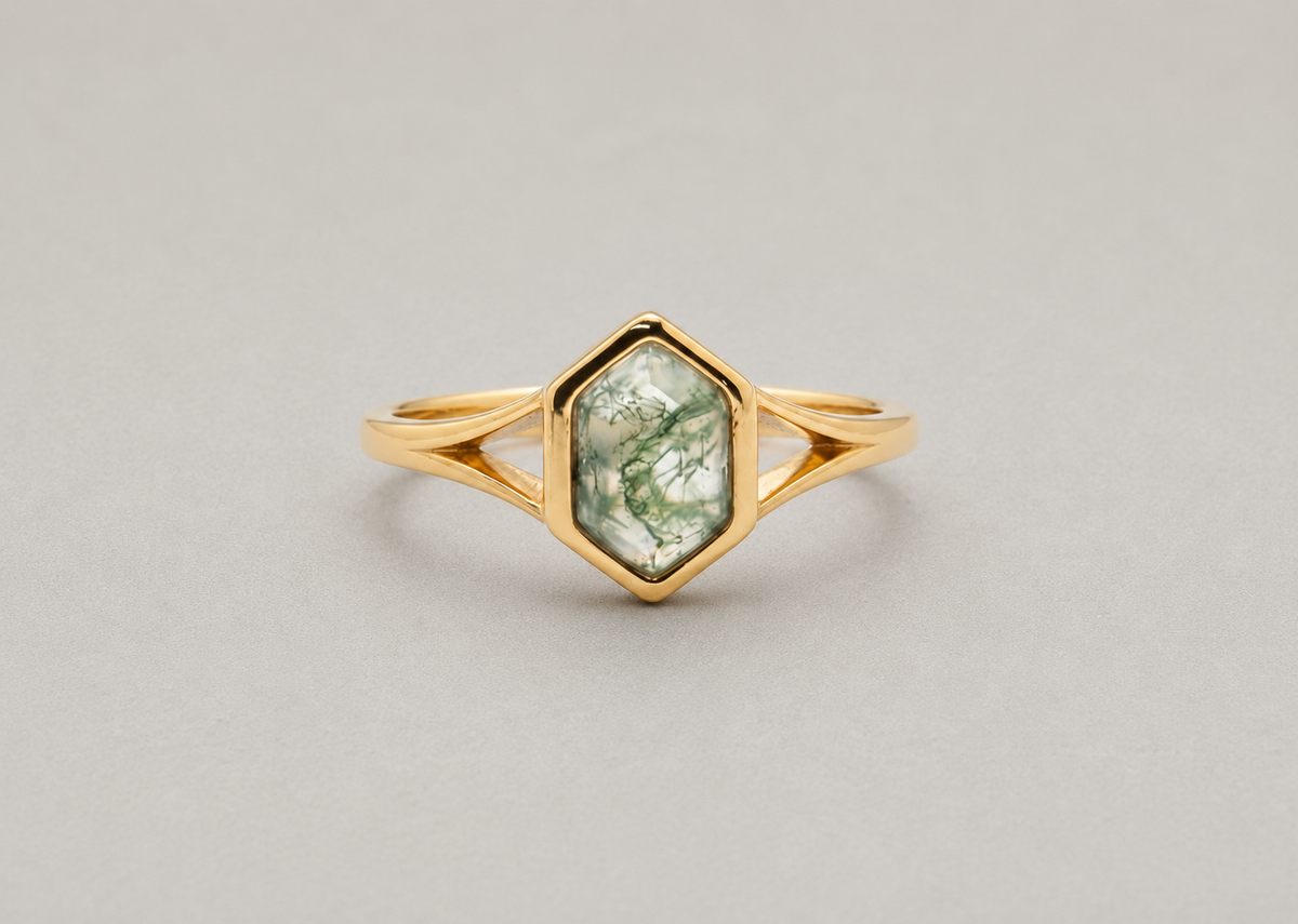 Hexagon Moss Agate Gold Ring