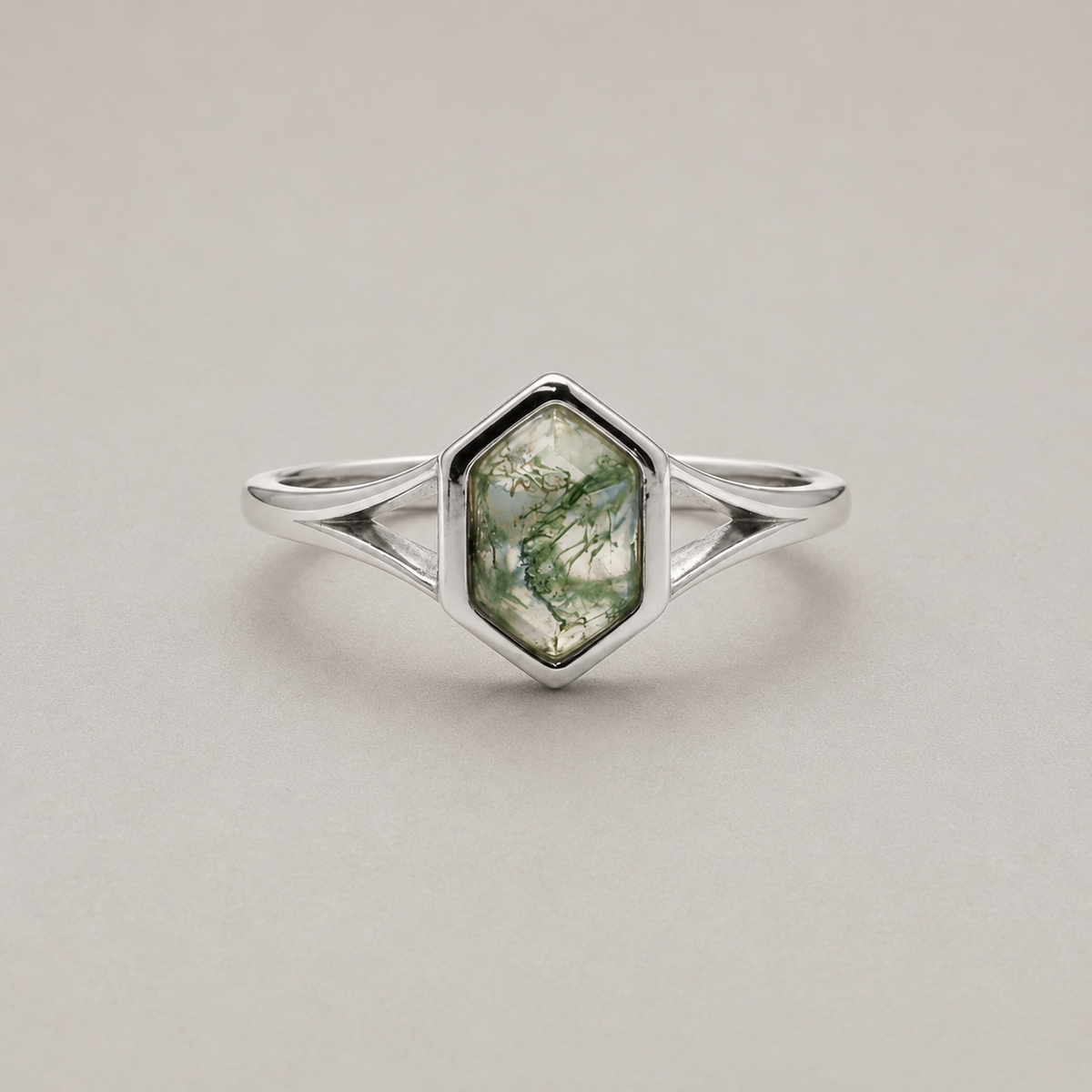 Hexagon Moss Agate Silver Ring