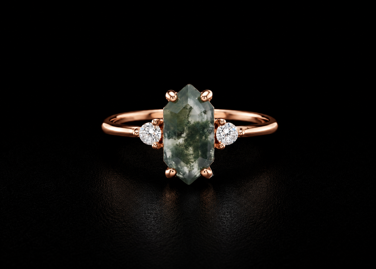 Hexagonal Moss Agate Rose Gold Ring