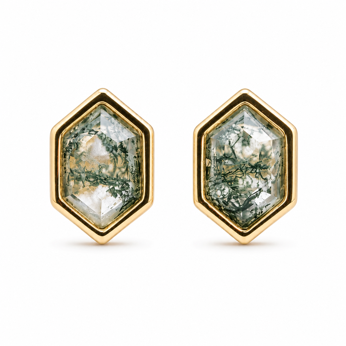 Hexagon Moss Agate Stud