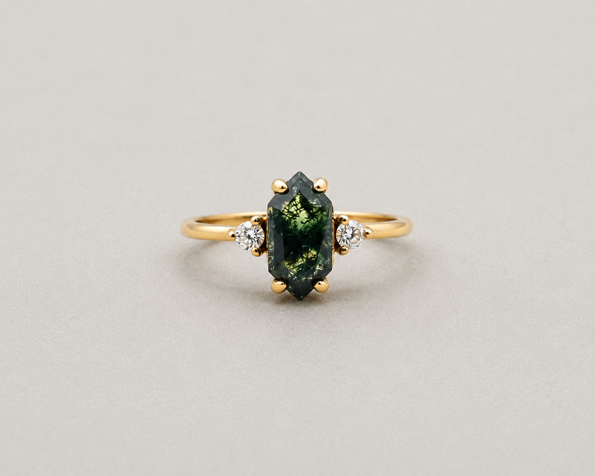 Hexagonal Moss Agate Gold Ring