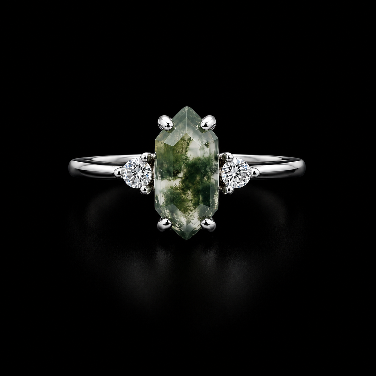 Hexagonal Moss Agate Silver Ring