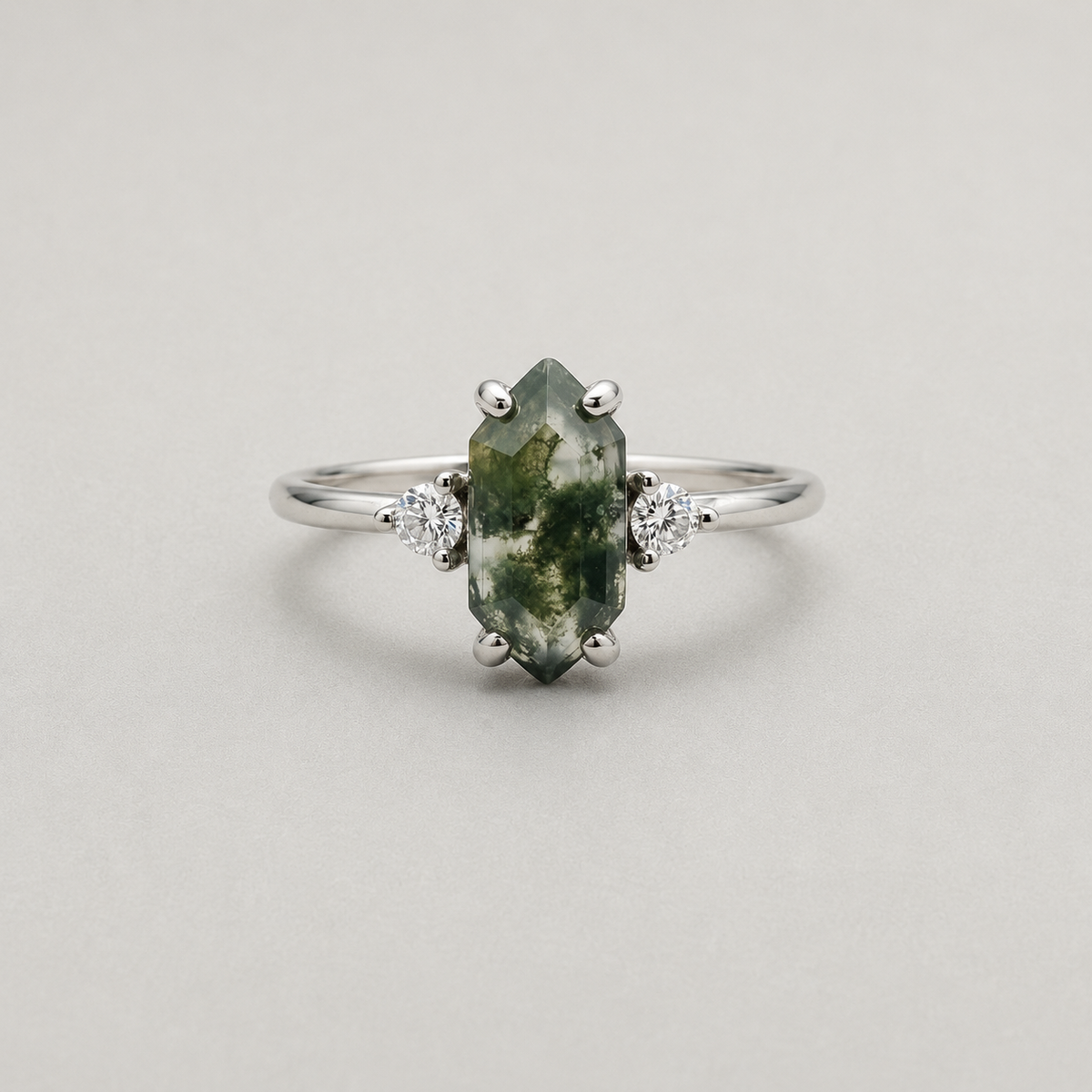Hexagonal Moss Agate Silver Ring
