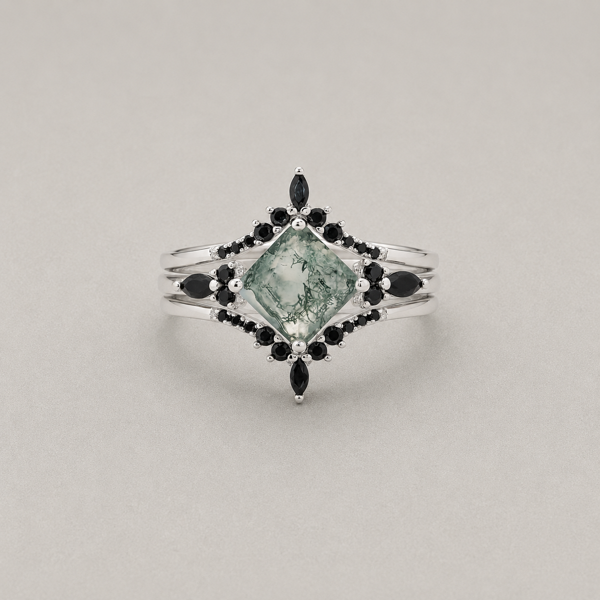 Moss Agate and Zircon Ring Set