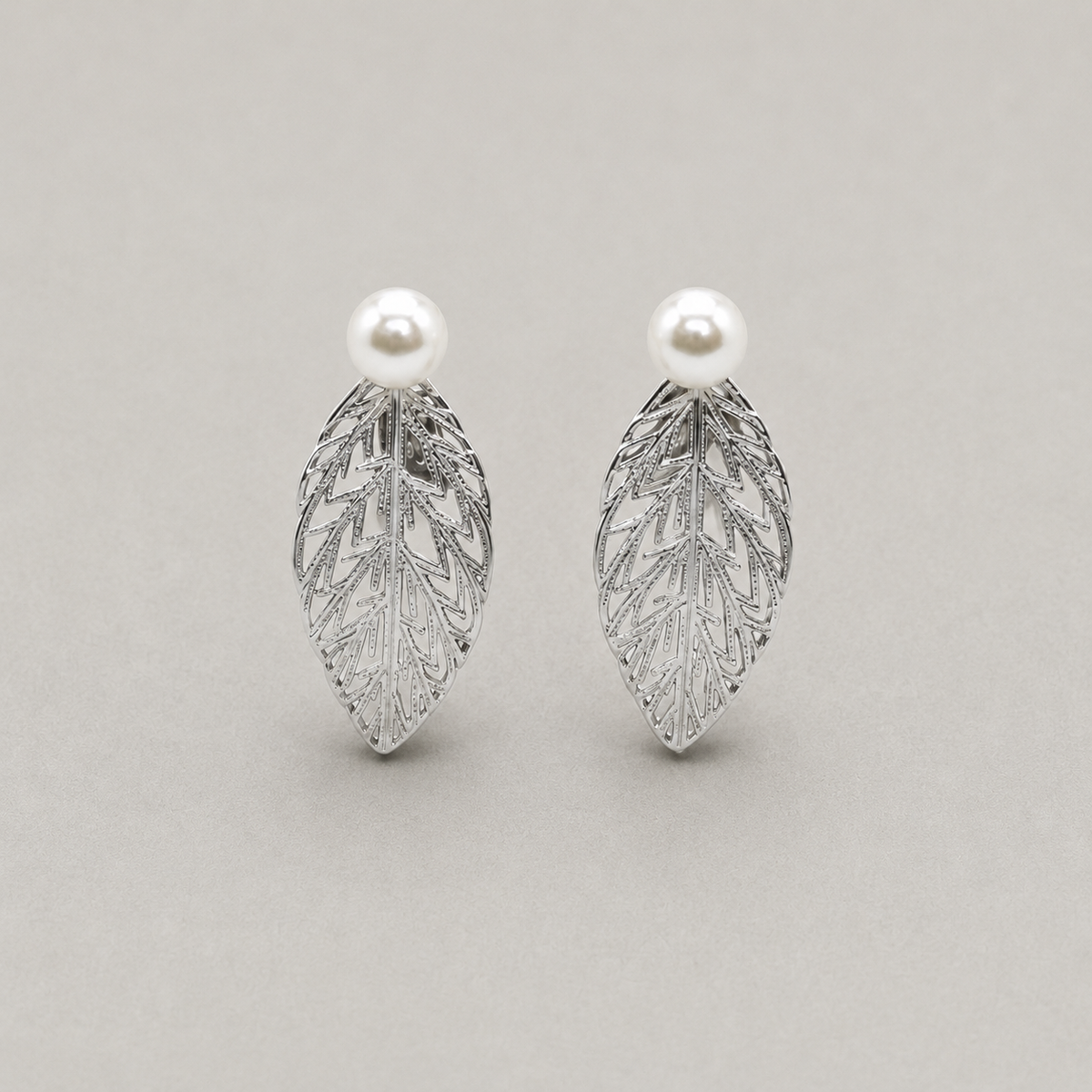 Elegant Botanical Leaf & Pearl Stud Earrings