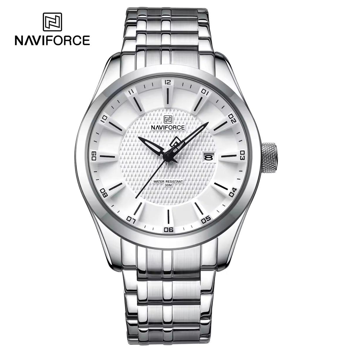 NAVIFORCE 8032 Men’s Stainless Steel Watch – Original Quartz Business Wristwatch - Silver and White