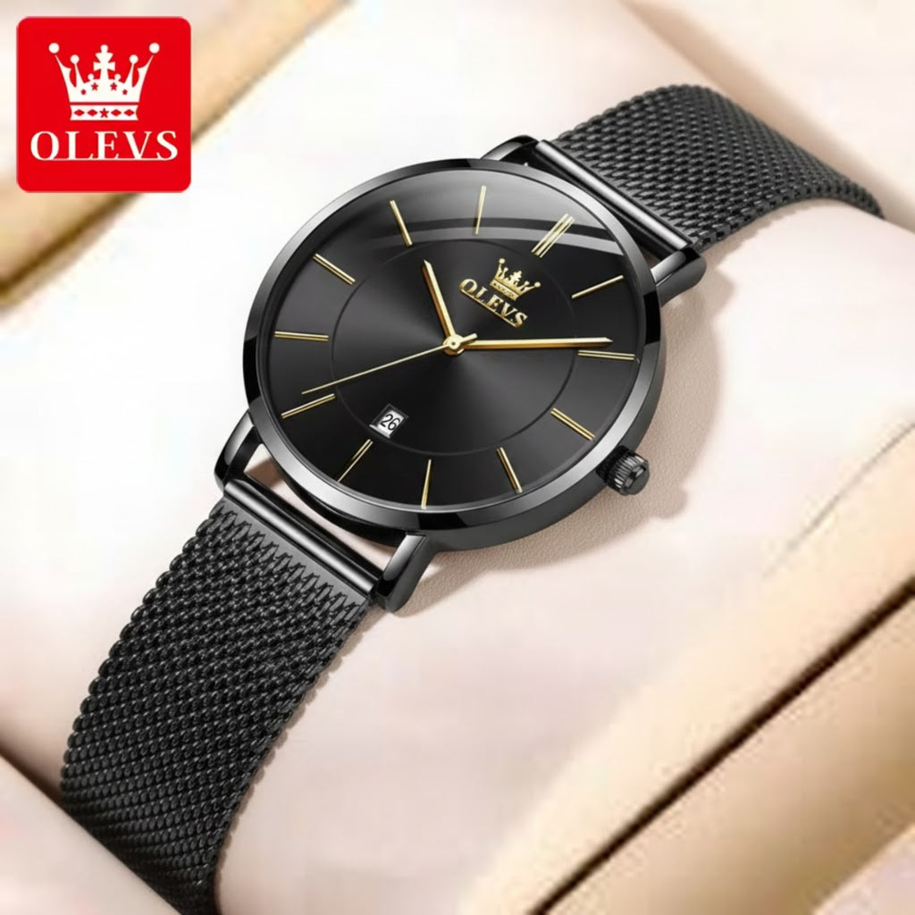 OLEVS 5869 Women’s Ultra-Thin Mesh Watch – Waterproof Luxury Quartz with Steel Strap Black