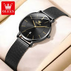 OLEVS 5869 Women’s Ultra-Thin Mesh Watch – Waterproof Luxury Quartz with Steel Strap Black