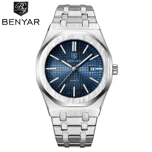 BENYAR 5156 Men's Luxury integrated-Bracelet "Royal Oak" Inspired Design - Silver and Blue Watch