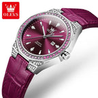 OLEVS 5606 Women’s Luxury Leather Watch – Fashion Quartz Wristwatch with Diamond Accents Purple