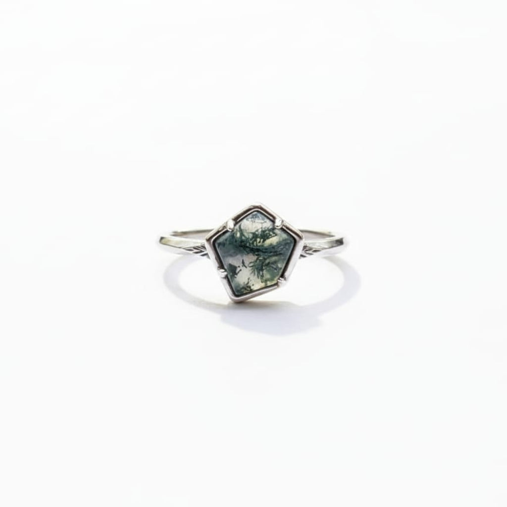 Geometric Moss Agate Ring