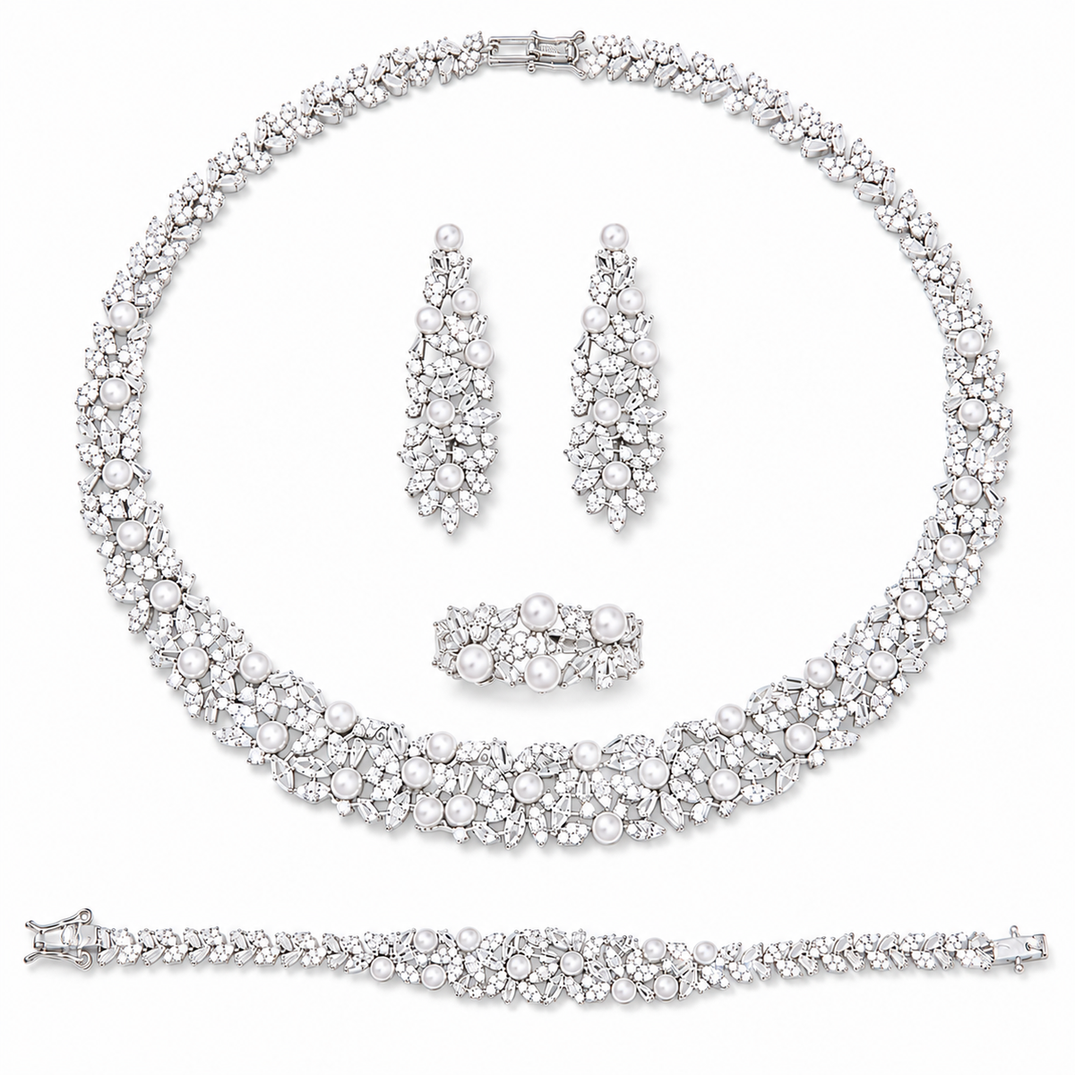 Floral Bridal Set with Crystals and Pearl